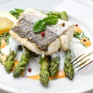 Day-Boat hake loin with asparagus and sauce